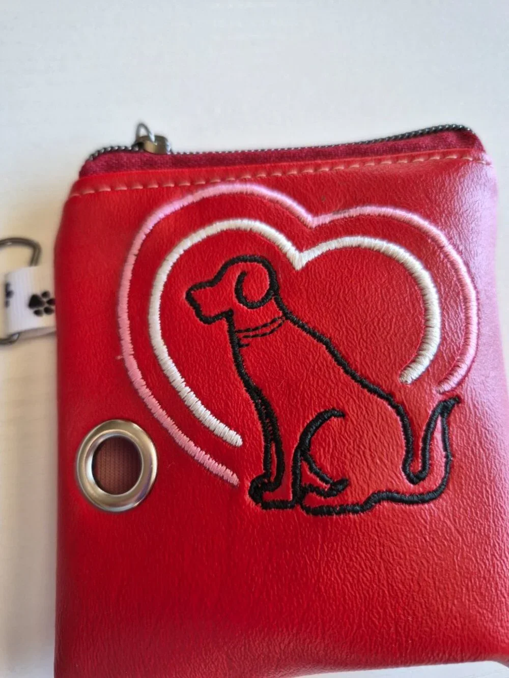 Handcrafted Red Embroidered Dog Poop Bag Holder with Leash Clip Dispenser